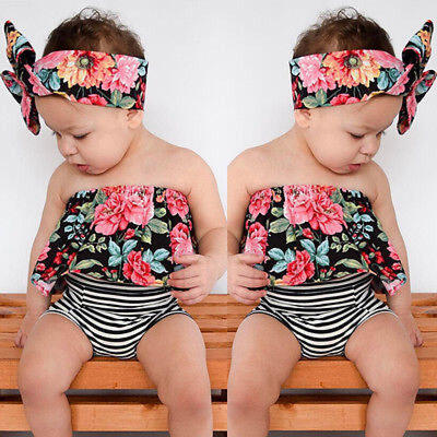 

Pretty Kids Baby Girls Floral Off Shoulder TopsHeadband 2Pcs Outfit Set Clothes