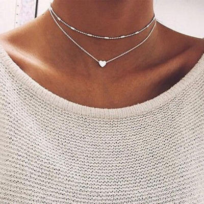 

925 Silver Gold Heart Choker Chunky Chain Bib Necklace GF Women Jewelry Pendant