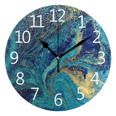 

Wall Clock Arabic Numerals Design Marbled Blue And Golden Abstract Round