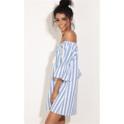

UK New Women Striped Off-Shoulder Summer Beach Top Shirt Blouse Tunic Dress