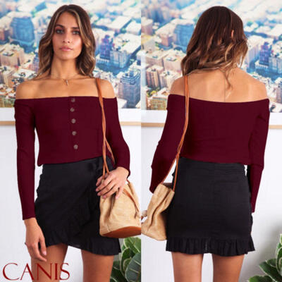 

US Fashion Women Off Shoulder Crop Top Long Sleeve Shirt Blouse Sweater T-shirt