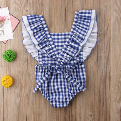 

Newborn Infant Baby Girl Fly Sleeve Plaids Romper Backless Sunsuit Outfits 0-24M