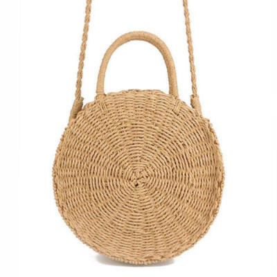 

US Straw Retro Bag Rattan Woven Round Handbag Vintage Knitted Messenger Purse