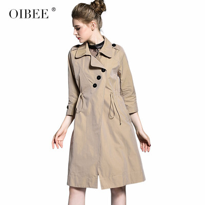

OIBEE2018 early autumn new womens fashion Korean version of the drawstring waist khaki in the long section windbreaker jacket fem