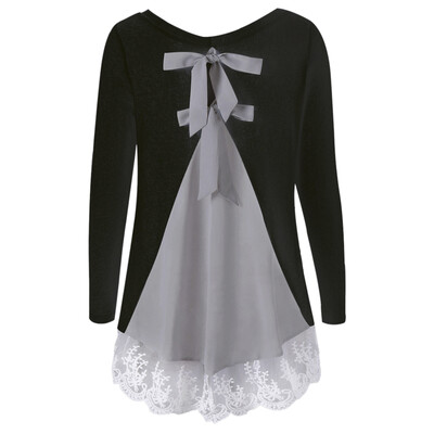 

Back Bowknot Lace Panel Long Sleeve Knit Top