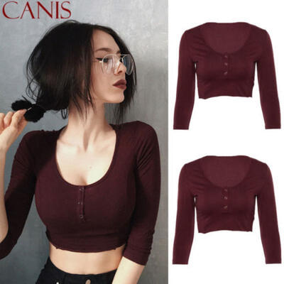 

Hot Fashion Women Casual Long Sleeve O Neck Crop Top Plain Shirt Blouse T-shirt