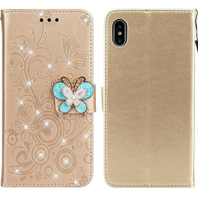 

MOONCASE Apple iPhone  Butterfly Rhinestone Embossed Leather Case - Gold