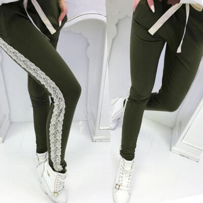 

USA Women High Waist Drawstring Elastic Casual Pants Ladies Lace Pencil Trousers
