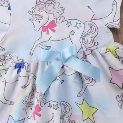 

Newborn Kids Baby Girl Short Sleeve Cartoon Unicorn Party Pageant Dress Sundress