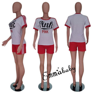 

2Pcs Women Letter Sport T-shirtPants Set Yoga Gym Jogging Tops Tracksuit Shorts
