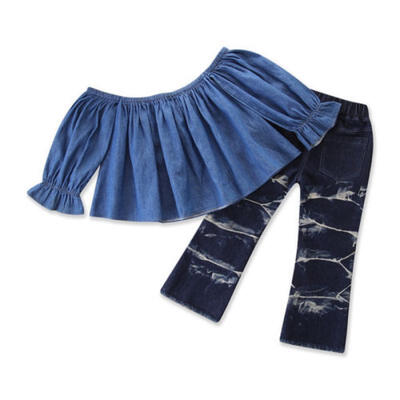 

Summer Kids Baby Girls Off Shoulder Set T-Shirt TopsDemin Pants Outfit 2PCS Set