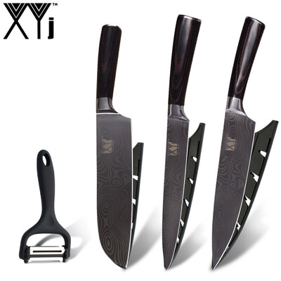

XYj stainless steel Kitchen Knives Imitation Damascus Pattern Blade Knife Set Multifunction Peeler