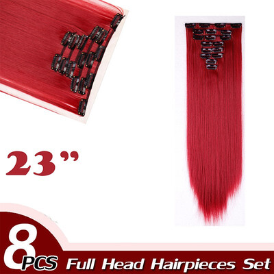 

17" Straight 8 Pcs Full Head Clip in Hair Extensions Synthetic 8 Piece 18 Clips Hairpiece Long Straight for Women