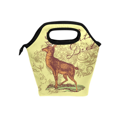 

Lunch Tote Bag Brown Deer Travel Picnic Insulated Lunch Handbags Portable Zipper Lunch Bag Box