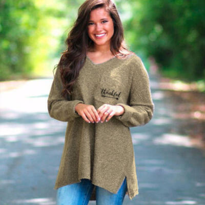 

New Casual Loose Long Sleeve Sweater Womens V-neck Knitwear Pullover Jumper Tops