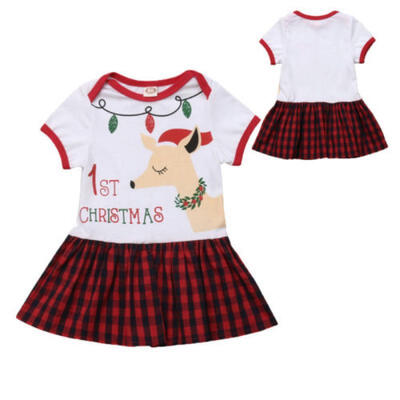 

UK Kids Baby Girl 1st Christmas Dress Deer Plaid Short Sleeve Party Dresses 1-5T
