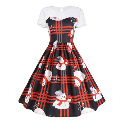 

Mesh Panel Plaid Christmas Snowman Party Dress