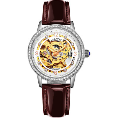 

Elegant Women Mechanical Wrist Watches Leather Watchband Automatic Clock Crystal Decoration Skeleton Dial