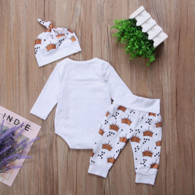 

3PCS Set Newborn Baby Girl Crown Tops RomperLong Pants Hat Kids Outfit Clothes