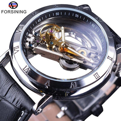 

Forsining Minimalist Design Double Side Transparent Black Genuine Leather Men Business Openwork Watch Luxury Mechanical Watch