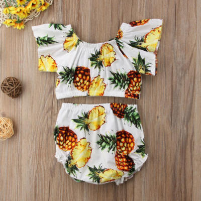

2Pcs Kids Baby Girls Off Shoulder Crop Tops Shorts Pants Outfits Clothes Sunsuit