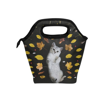 

Insulated Lunch Tote Bag Leaves Cat Travel Picnic Lunch Handbags Portable Zipper Lunch Bag Box