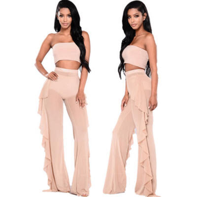 

Women High Waist See Through Flared Leg Mesh Summer Beach Long Pants Trousers UK