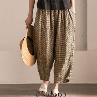 

Retro Women Loose Linen Plaid Pants Casual Elastic Waist Beach Pant Summer S-3XL