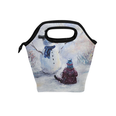 

Lunch Tote Bag Snowman And Girl Travel Picnic Insulated Lunch Handbags Portable Zipper Lunch Bag Box