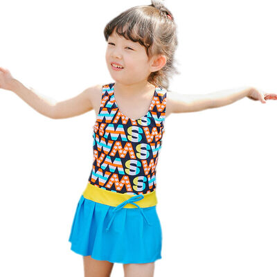 

QIHAI 6614-3 children&39s piece skirt swimsuit cute letters fashion is thin hot spring swimsuit girl blue M code