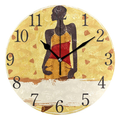 

Wall Clock Arabic Numerals Design African Woman With Yellow Background Round