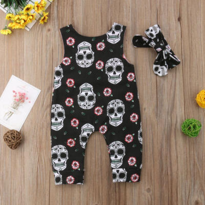

Canis 2Pcs Newborn Baby Boys Girls Skull Romper Jumpsuit Headband Outfit Clothes