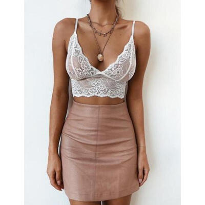 

Floral Lace Halter Bralette Lined Bra No Pad Crop Top V Neck Black White Nude