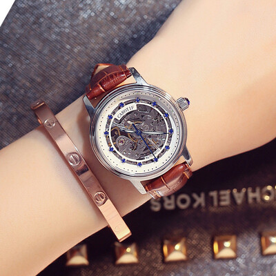 

Women Mechanical Wrist Watches Leather Watchband Female Automatic Clock Decoration Skeleton Dial Watch