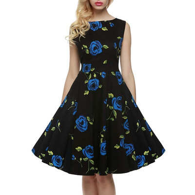 

Womens Vintage 1950s Sleeveless Floral Spring Garden Party Picnic Dress