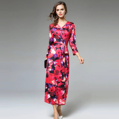 

Retro V-Neck Long Sleeve Printed Long Dress