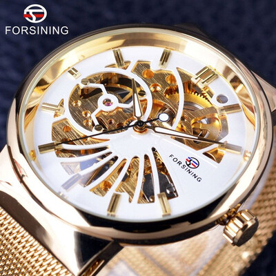 

Forsining Golden Fashion Series Simple Skeleton Design Stainless Steel Open Work Mens Watches Top Brand Luxury Mechanical Watch