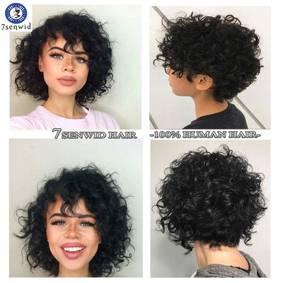 

7senwidShort Curly Bob Wave Brazilian Virgin human hair Wigs Lace Front Wigs Gluelessfull lace wigsNatural Color for Black Women