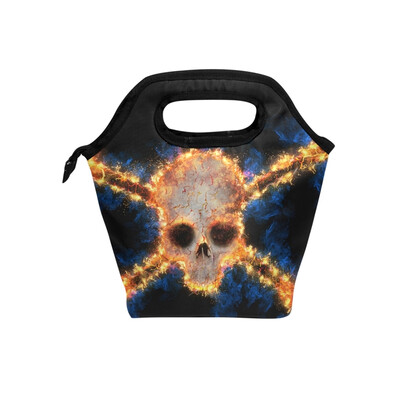 

Insulated Lunch Tote Bag Fire Skull Travel Picnic Lunch Handbags Portable Zipper Lunch Bag Box