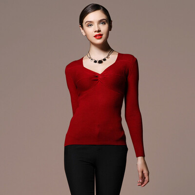 

MAZOE Europe&the United States fashion cross V-neck thread Slim wool knitted primer shirt Z1007 rust red