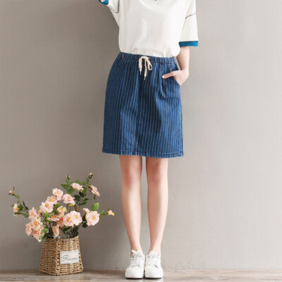 

City Plus CITYPLUS Sen Department of Arts and Arts Wind tight waist stripes casual denim skirt CWQZ173250 blue