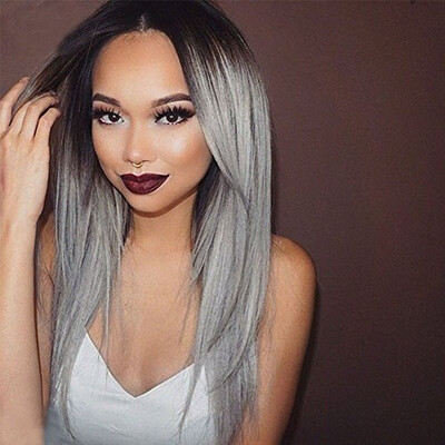 

Ombre Human Hair Lace Front Wigs with Baby Hair Straight Grey Lace Front Wig with Dark Roots 130 Density