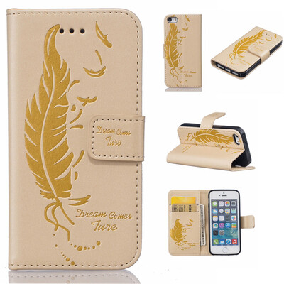 

Golden Plumes and birds Embossed PU Leather Wallet Case Classic Flip Cover with Stand Function and Credit Card Slot for IPHONE 5S