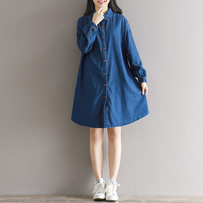 

CITYPLUS Senate Arts Relaxation Style Long Cuban Shirt Dresses Female CWQZ16Q452 Deep Cowboy Blue L