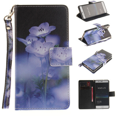 

Blue flower Design PU Leather Flip Cover Wallet Card Holder Case for HUAWEI P9 Lite