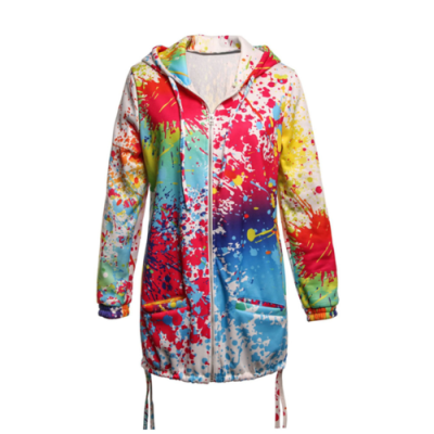 

Womens Long Sleeve Hooded Colorful Trench Windbreaker Parka Jacket Coat Outwear