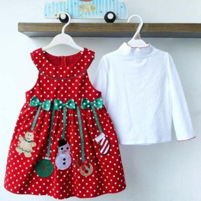 

Hot Christmas Party Girl Outfits 2pcs Tops BlousePolka-Dot Dress Sets 2-7Y