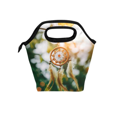 

Insulated Lunch Tote Bag Feather Circle Travel Picnic Lunch Handbags Portable Zipper Lunch Bag Box