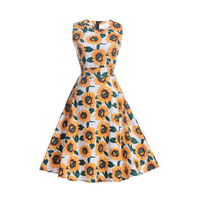 

Women Floral Sleeveless A Line Dress Vintage Cotton Polyester Dress Round Collar Sleeveless Dresses