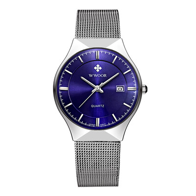 

WWOOR Stainless Steel Watches Ultra Thin Dial Fashion Mesh Calendar Quartz Analog Men Casual Wristwatch 30M Water-Proof Watch Bo